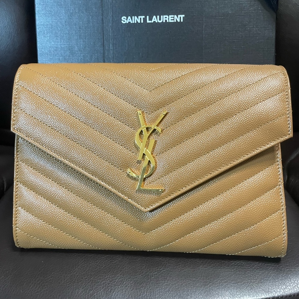Saint Laurent Tan Chevron Clutch with Gold Logo - YSL